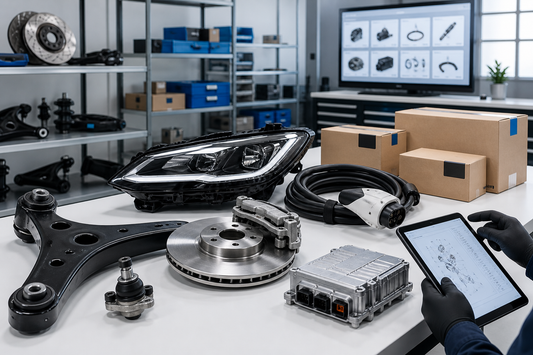 EV components, parts catalog research and packaged supply options in a modern technical workshop