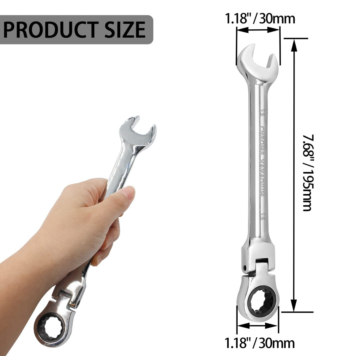 15mm Flex Head Ratchet Wrench 12 Point Chrome Vanadium Steel Combination Spanner - product image 5