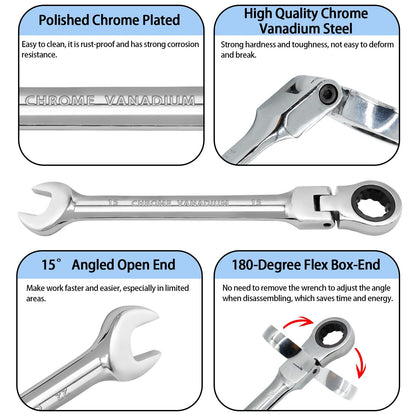15mm Flex Head Ratchet Wrench 12 Point Chrome Vanadium Steel Combination Spanner - product image 3