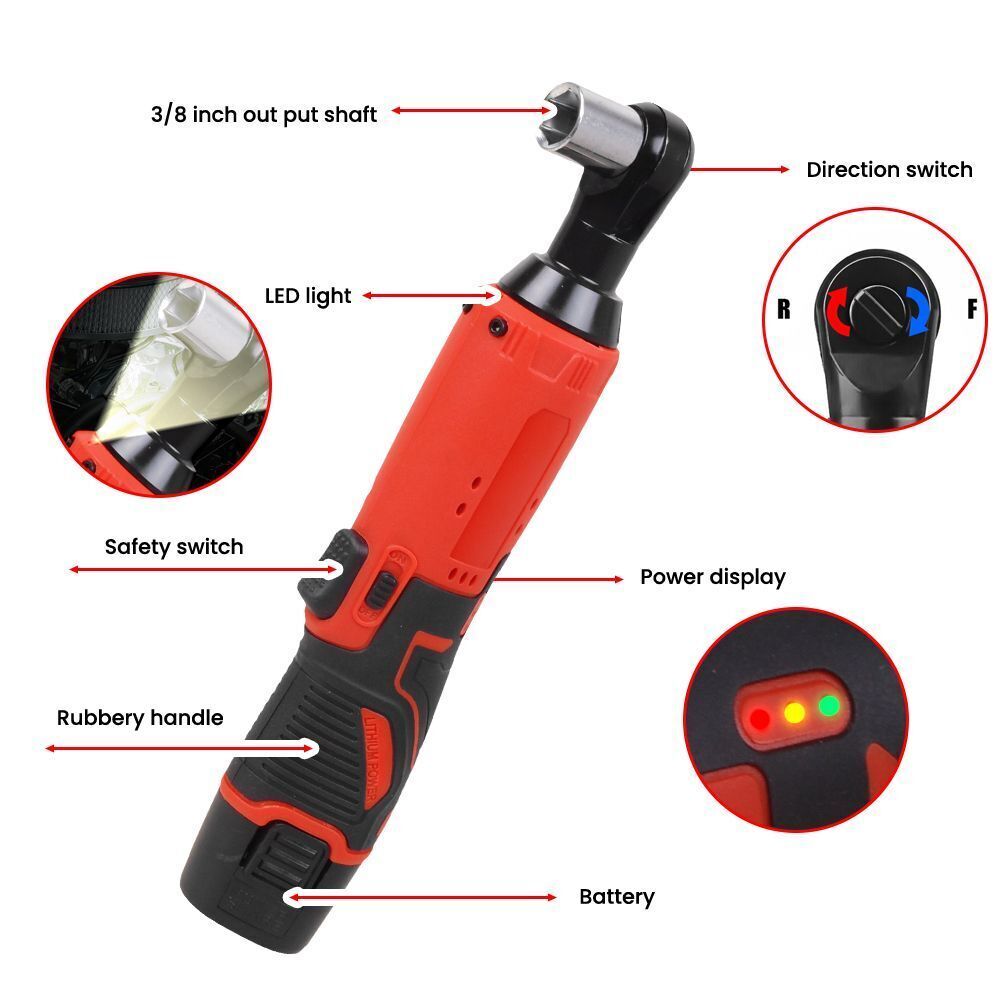12V 3/8"&1/4" Electric Cordless Ratchet Wrench,45 ft-lbs w/ 7 Sockets 2 Battery - product image 7