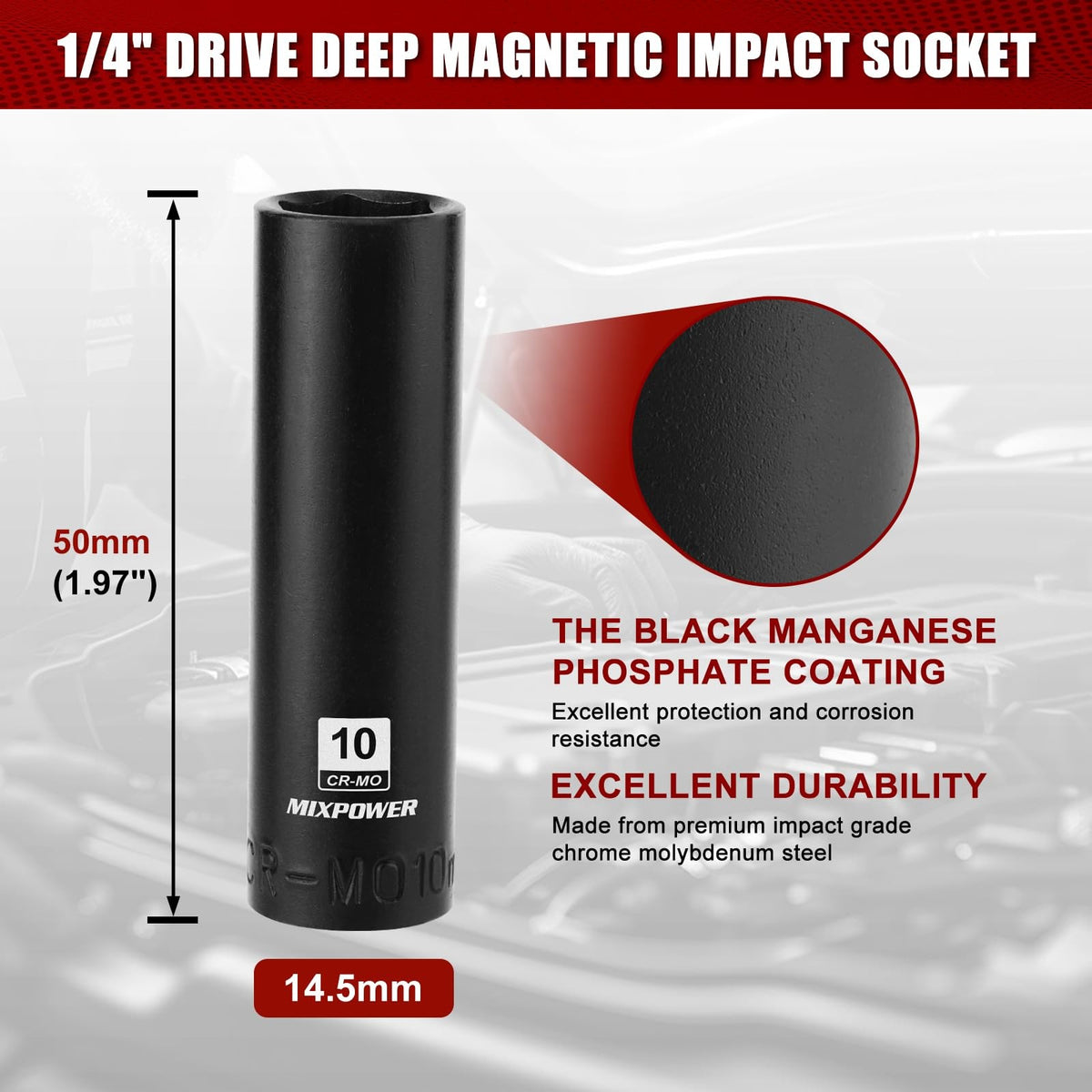 MIXPOWER 1/4" Drive Deep Magnetic Impact Socket, 6 Point, Dr.Deep 10mm - product image 2